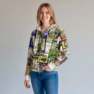 Oilily Fleece Lined Hoodie Retro Graphic Print Jacket Cozy Multi-color Full Zip